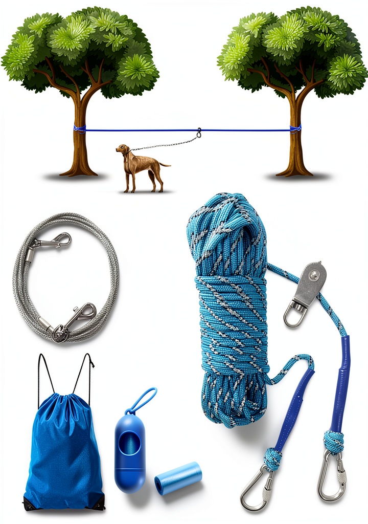 LURLEEZ dog run cable setup between two trees in a yard