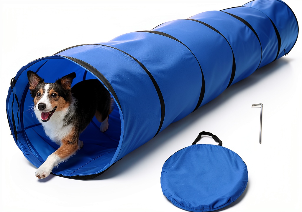 KINETOVOLTA dog agility tunnel unfolded in a grassy yard
