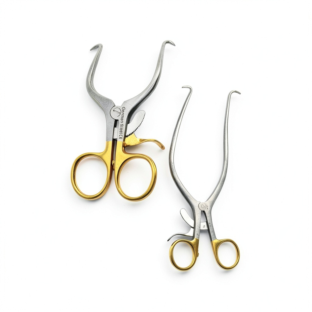 Surgeon handling WSI surgical retractors in an operating room, showing ergonomic gold handle and self‑retaining ratchet